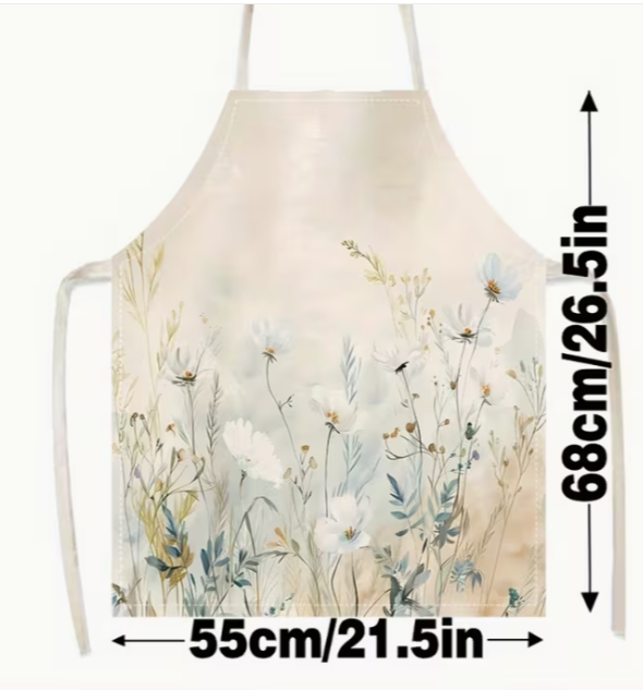 Apron-White Flowers and Grass Print Sleeveless Linen Apron
