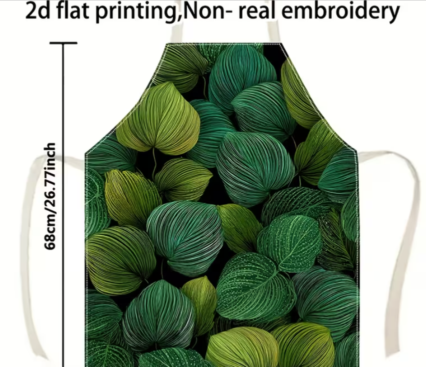 Apron - Non-Real Embroidery of Green Plant Leaves