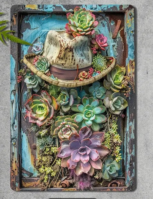 Gift Metal Sign -Succulents in a Hat