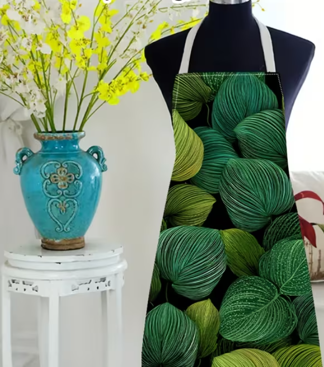 Apron - Non-Real Embroidery of Green Plant Leaves