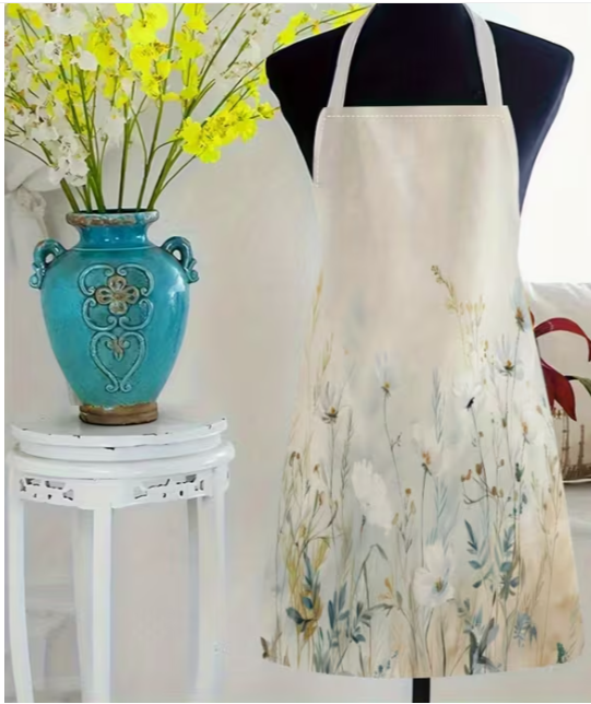 Apron-White Flowers and Grass Print Sleeveless Linen Apron