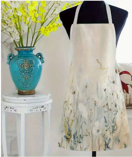 Apron-White Flowers and Grass Print Sleeveless Linen Apron